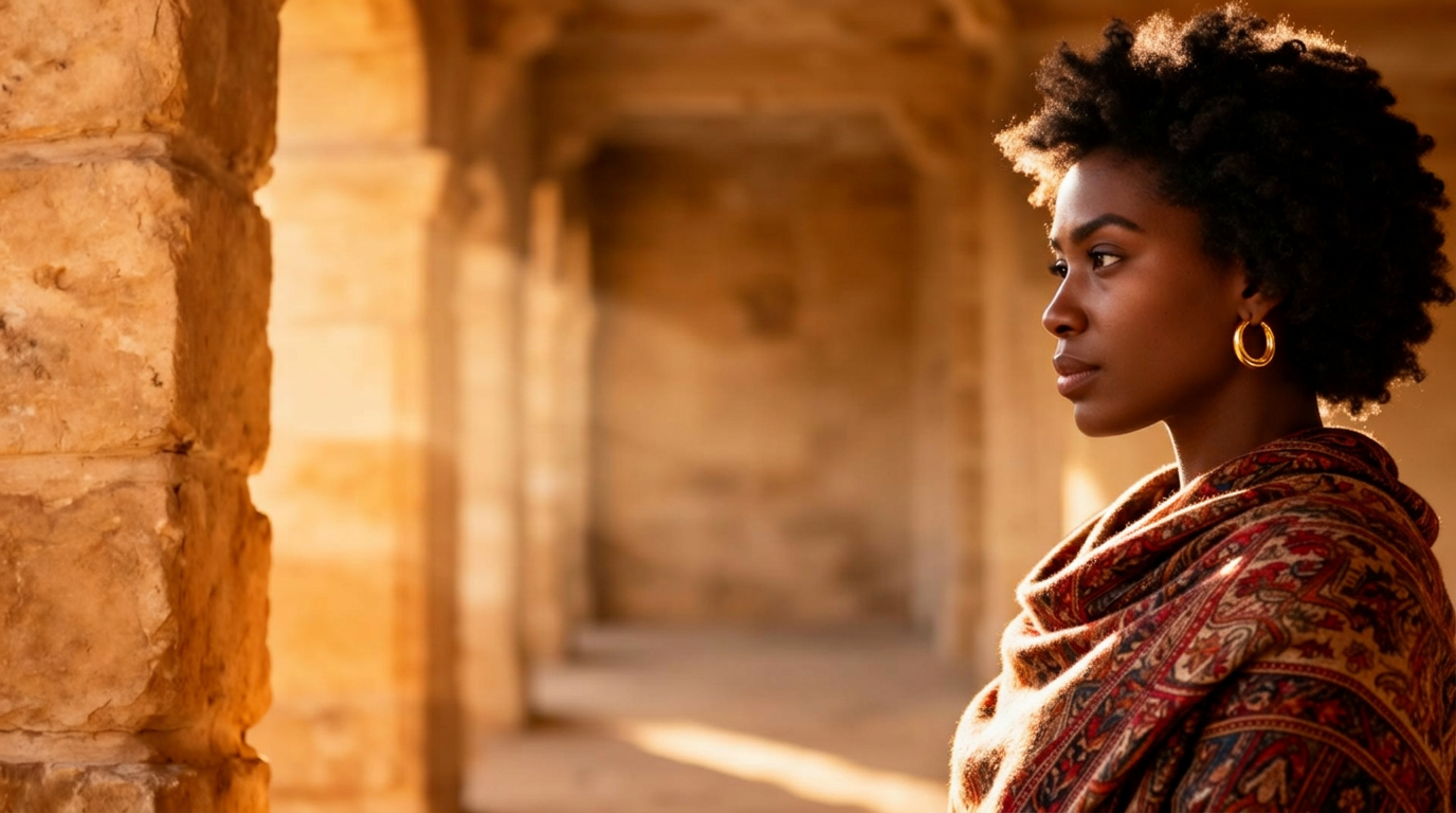 A traveler in a richly patterned shawl stands in warm stone architecture at golden hour.